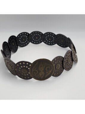 VTG  Y2K/Boho Circular Leather & Brass Disc Belt With Intricate Cutout Details A